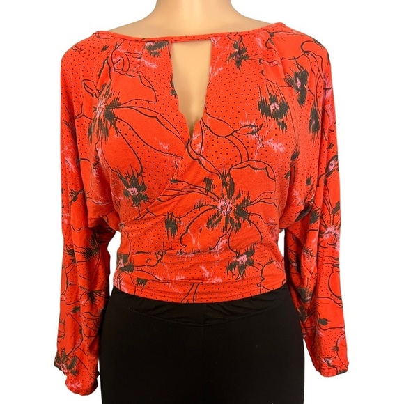3/$30 🍂 Free People Last Time Orange Print Surplice Bell Sleeve Crop Top - Picture 2 of 8